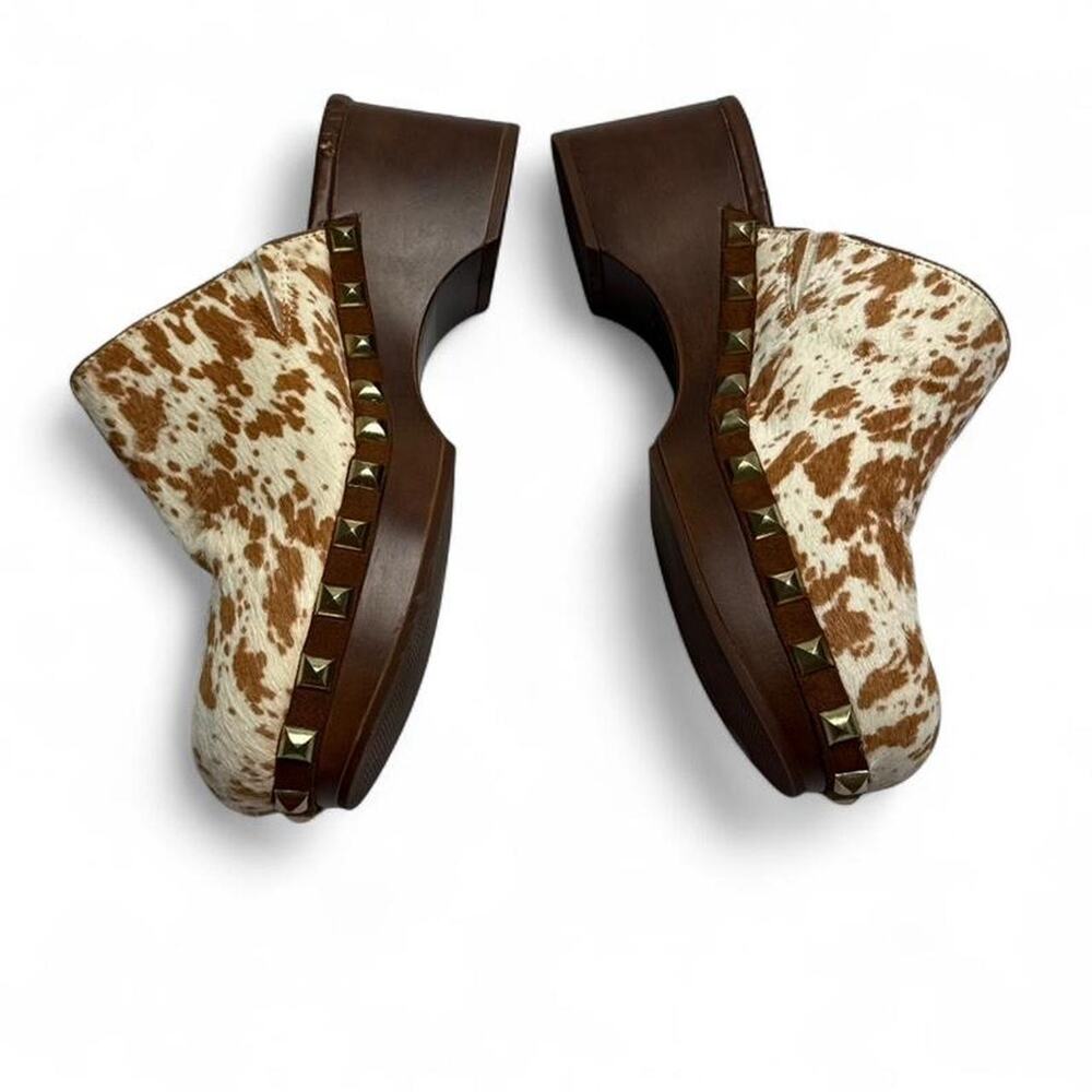 INC Vintage Cow Print Studded Clog Heel (real calf fur) size 6 1/2 brown + cream - Picture 4 of 8